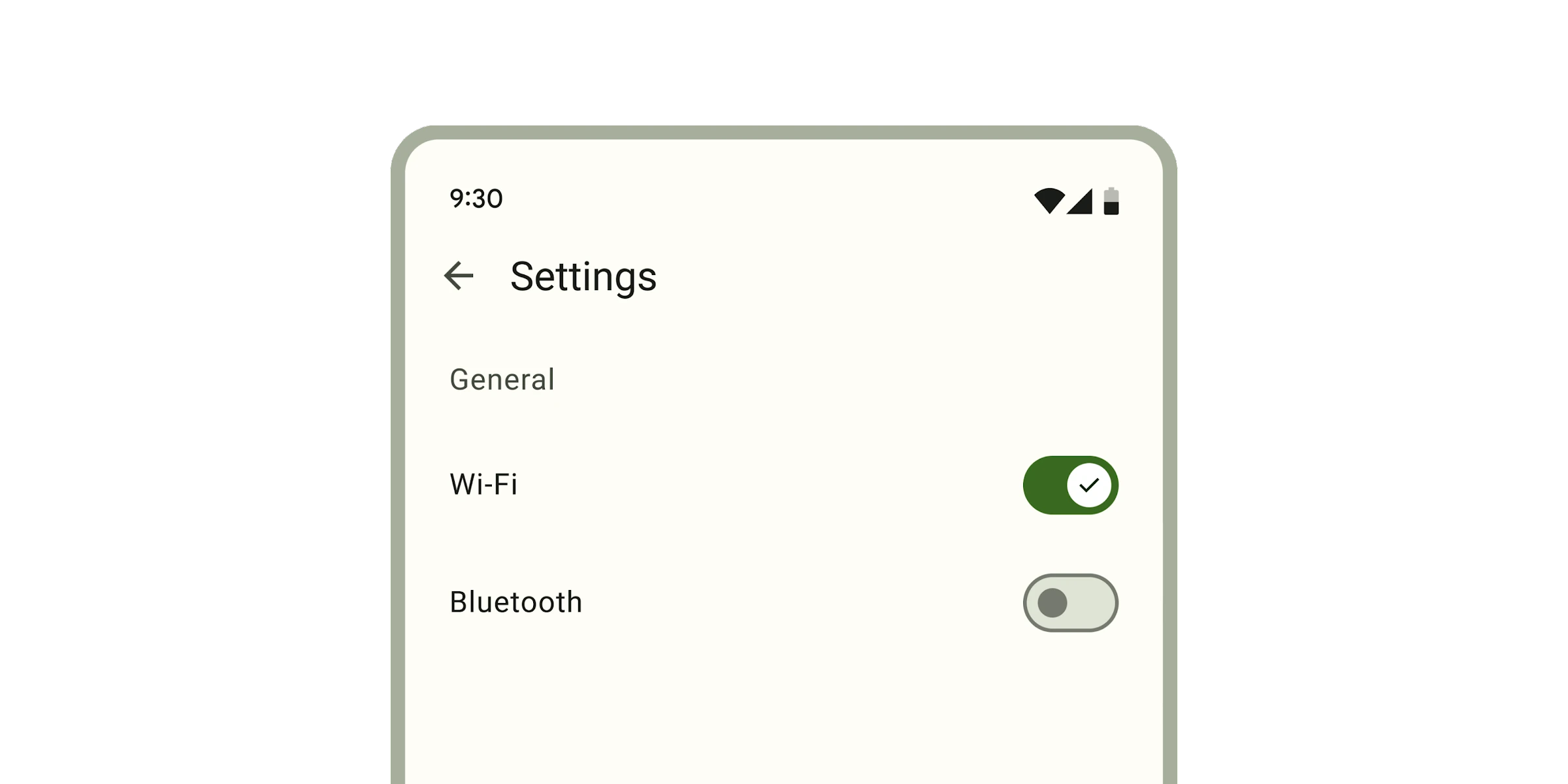 Two switches on a settings page for Wi-Fi and Bluetooth. The first is on and the second is off.